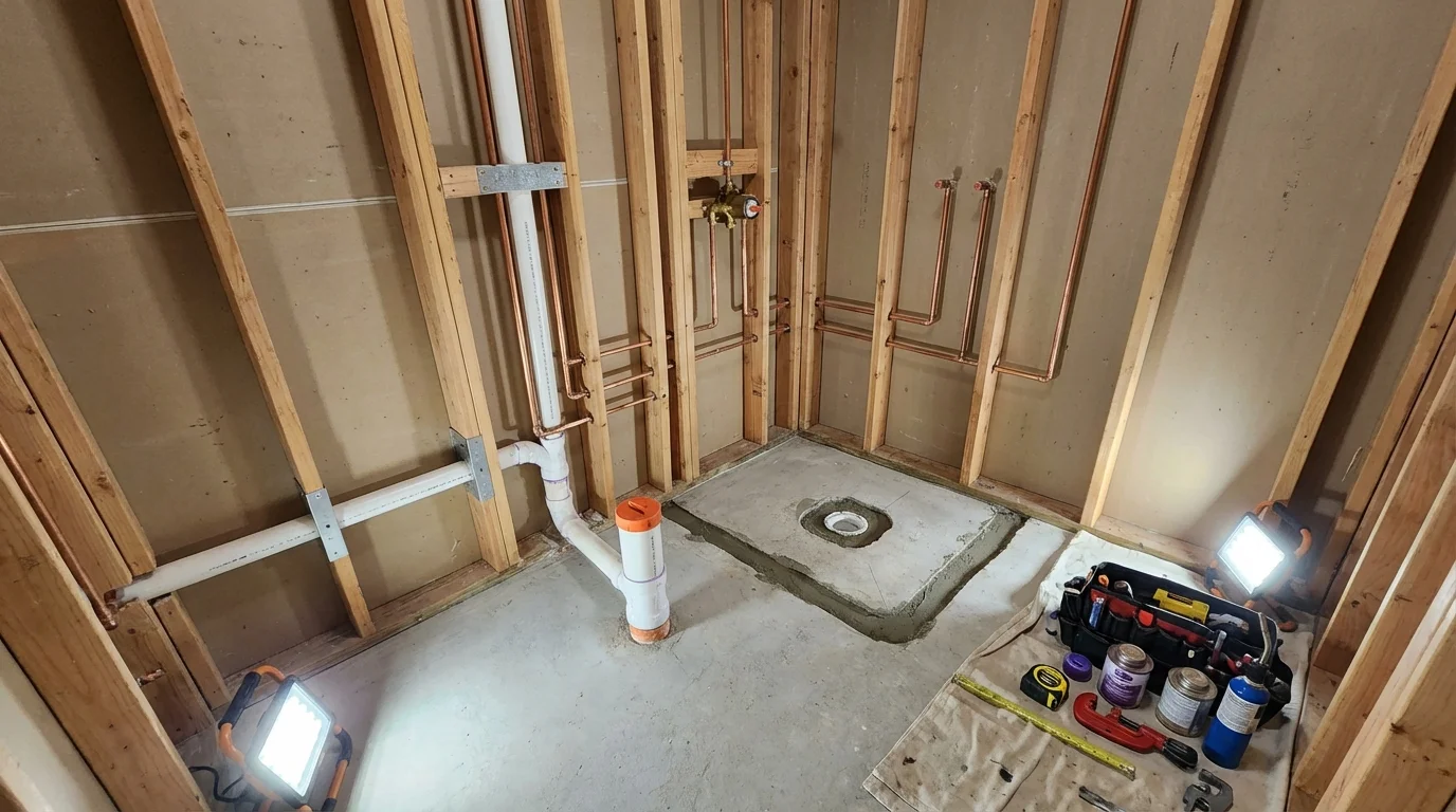 Bathroom rough-in plumbing during remodel by Johns Plumbing LLC in Bernice