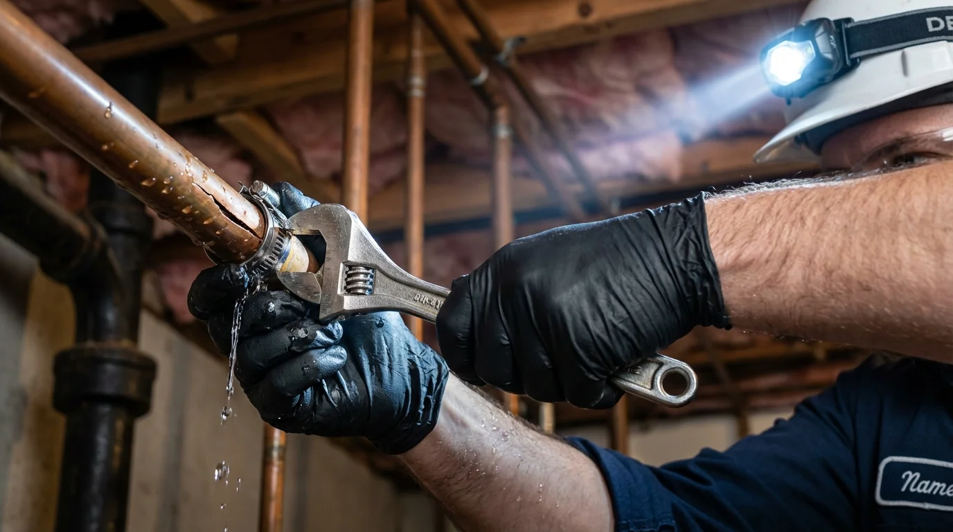 Emergency pipe clamp repair being performed by a Johns Plumbing LLC plumber in Bernice