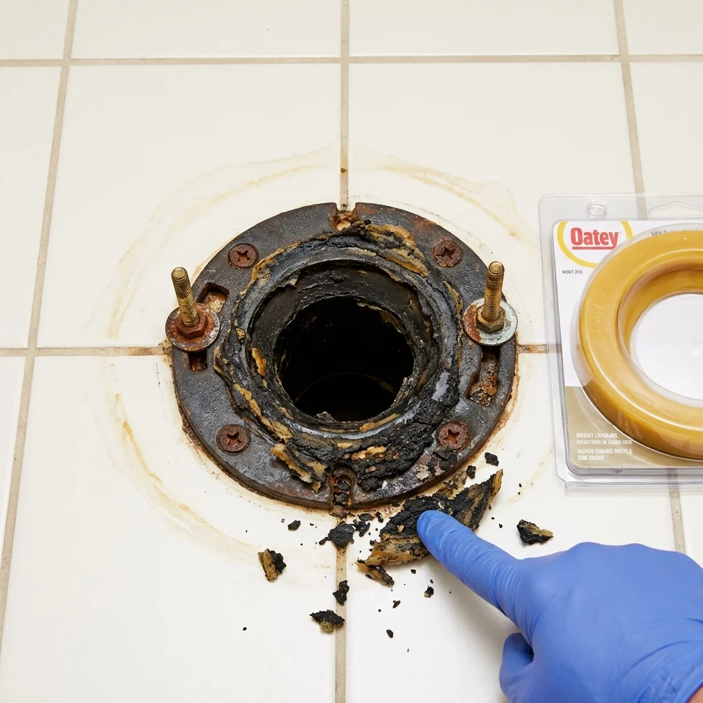 Failed wax ring showing water seepage at the base of a toilet in a Bernice, LA home