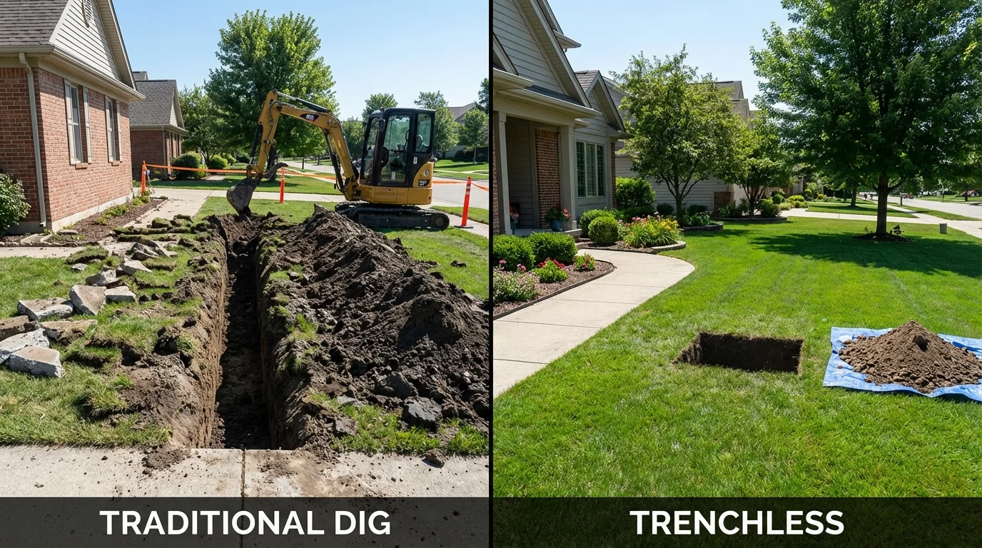 Trenchless sewer repair with minimal yard damage versus traditional excavation in Bernice, LA