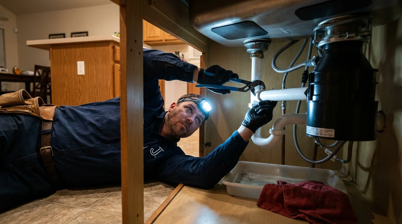 P-trap and supply line connections under a kitchen sink showing a common leak point in Bernice, LA